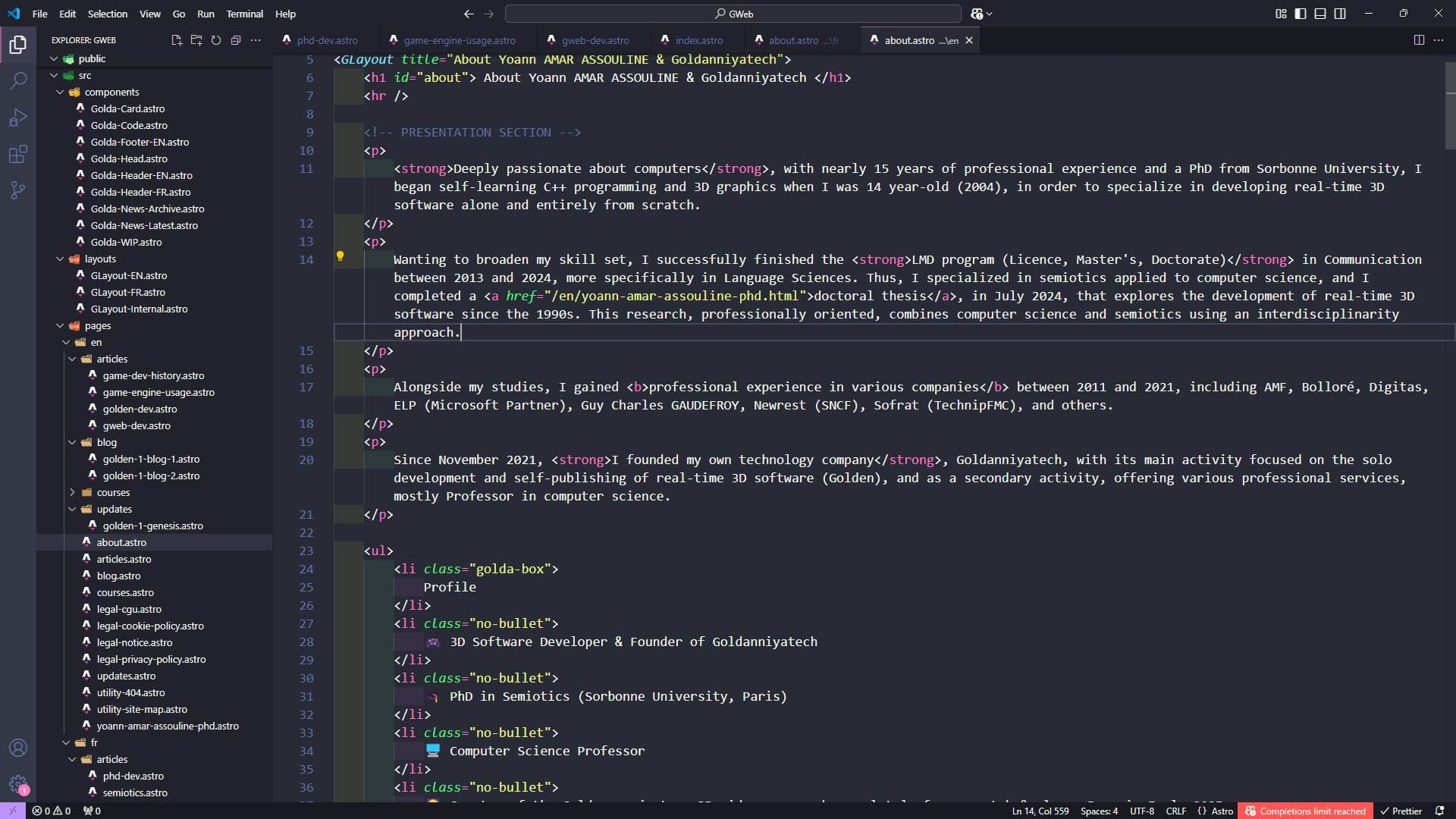 Visual Studio Code screenshot of GWeb focusing on HTML in the Astro framework